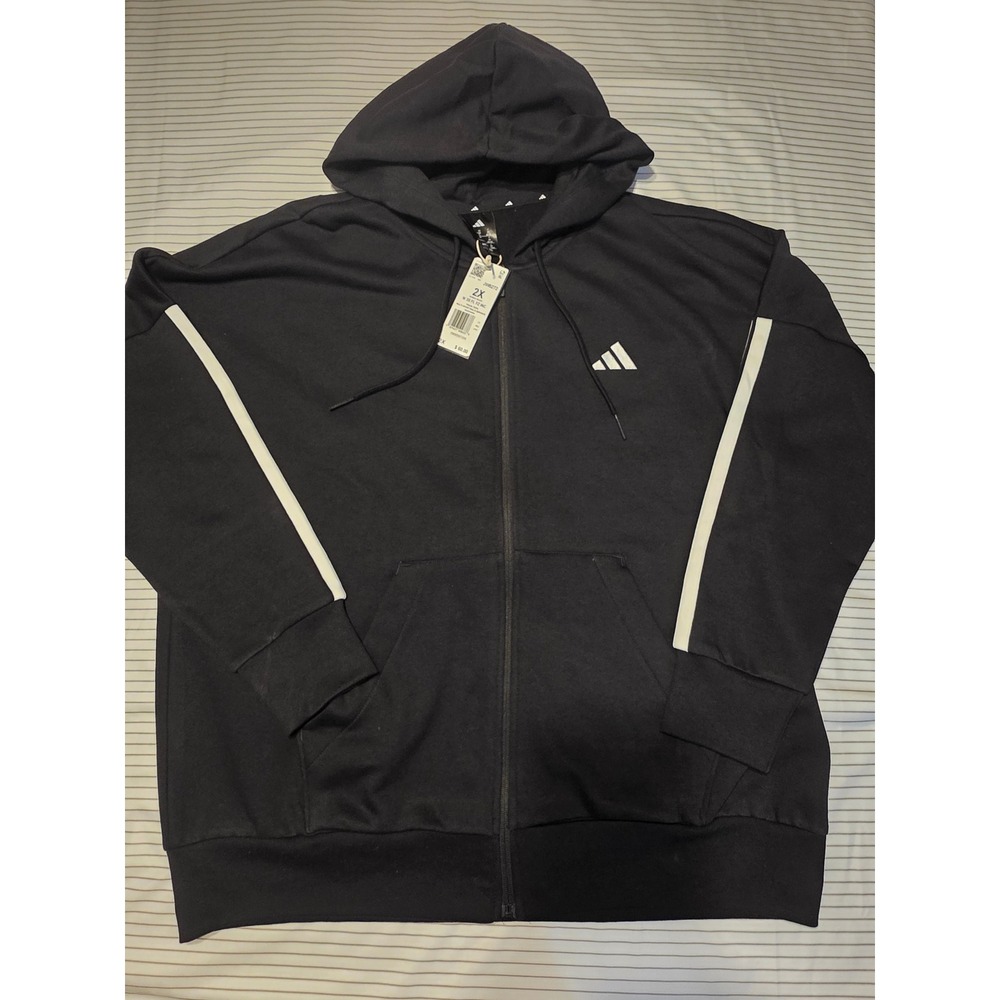 1192 Adidas Essentials 3-Stripes Full Zip Fleece Hoodie Black JW6272 Mens 2X